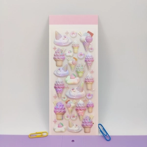 3D laser ice cream and dessert themed stickers in pastel pink and purple colors