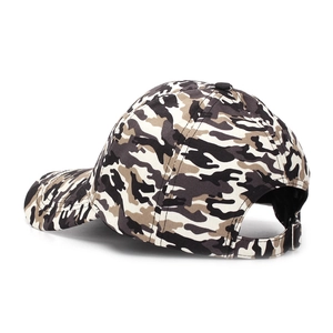 Detail of camouflage baseball cap with adjustable metal buckle on back for outdoor use
