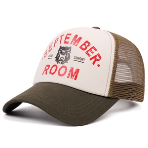 Vintage trucker hat with bulldog print and mesh back panels on a white background