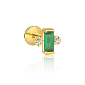 Close-up of S925 silver gold stud with green rectangle stone and hallmark