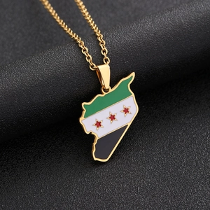 Titanium steel Syrian map pendant necklace with flag colors on dark leather background