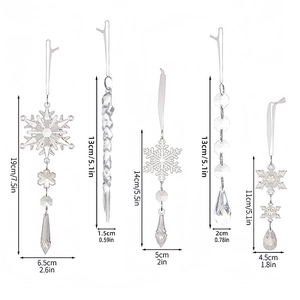 Set of 10 clear acrylic Christmas icicles and snowflake hanging decorations in varied sizes
