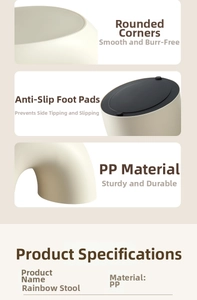 Detail view of rainbow stool with anti-slip pads and rounded corners for safety