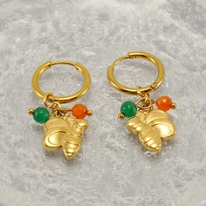 Bee Hoop Earrings 18K Gold Plated Stainless Steel With Green Orange Stone Beads Vintage Nature Inspired Jewelry Women