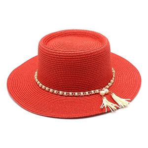 Chapeau De Paille Boater Femme Large Bord Protection Solaire Künstliche Perles Chaîne Dorée Glands Plage Été Élégant