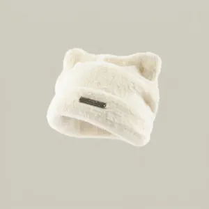 Women Cute Cat Ear Beanie Hat Faux Fur Knitted Warm Winter Skull Cap With Metal Label Trendy Soft Thick Plush