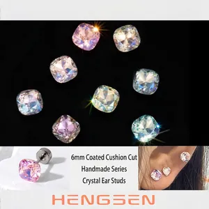Square Cushion Cut Crystal Cartilage Stud Earring Titanium Steel Screw Back Coated Colorful Jewelry For Women