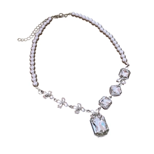 Elegant pearl and floral crystal necklace with a large square pendant in silver finish