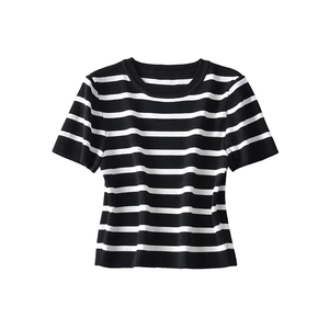 Close-up of a slim fit knitted short-sleeve top featuring classic black and white stripes