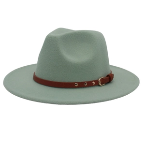 Detail of mint green wool fedora hat featuring a brown leather belt with gold buckle