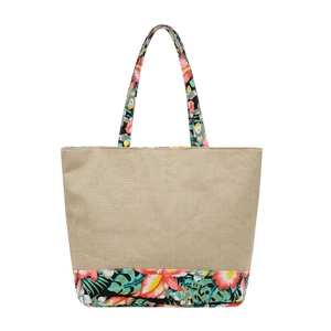 Ethnic style cotton linen canvas tote bag with tropical floral patterns and beige main body