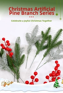 Close-up of frosted pine needles and shiny red berries for Christmas floral DIY crafts