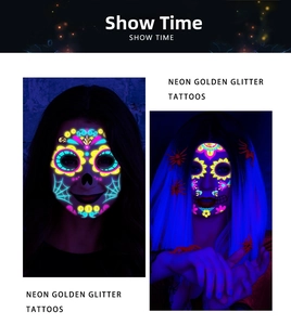 Neon UV reactive Day of the Dead face tattoo glowing in the dark for Halloween party