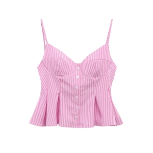 Detail of pink and white striped camisole top with button front and ruffled hemline