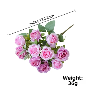 Detail view of 24cm pink silk roses bouquet with green leaves weighing 36g for decor