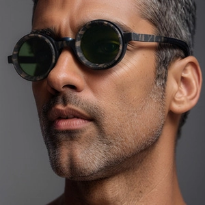 Macro detail of retro cat-eye glasses frame with leopard pattern and dark green lenses