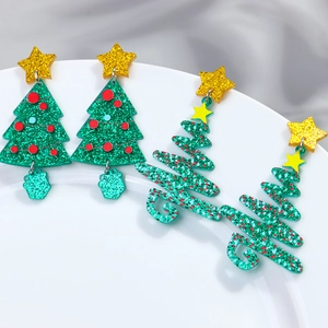 Festive Christmas tree acrylic earrings with colorful glitter and sparkling star details