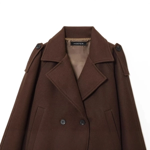 Women's dark brown double-breasted wool coat with wide lapels and shoulder button details