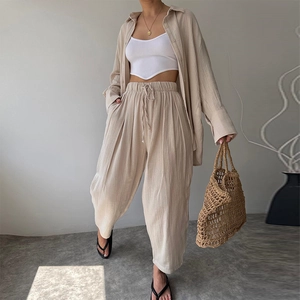 Women's 3-piece casual set featuring a beige lapel shirt and wide-leg trousers