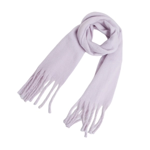 Detail view of the soft mohair texture and fringe on this lavender purple scarf