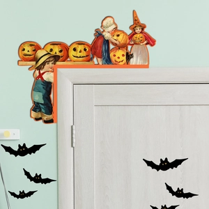 Retro Halloween wooden door corner decor featuring kids, pumpkins, and black bats silhouettes
