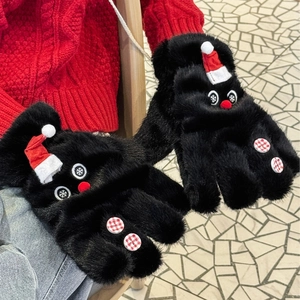 Winter faux fur snowman gloves with red hat decor and festive snowflake patterns