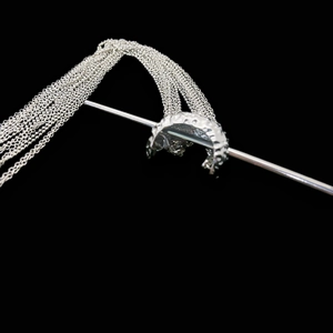 Silver fringe hair stick with multi-layer chains and hammered crescent moon design