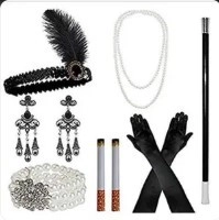 Accessoires Gatsby des années 1920 avec bandeau à plumes noires et collier de perles