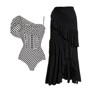 French vintage one-shoulder striped swimsuit and black tiered maxi skirt set