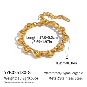Detailed specs of waterproof stainless steel gold heart link bracelet with length info