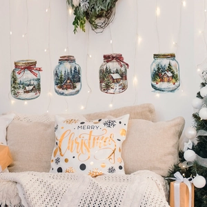 Weihnachts Wandtattoo PVC Abnehmbar Selbstklebend Winter Schneeszene Hütte Einmachglas Festliche Haus Fenster Deko