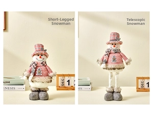 Detailed comparison of pink plaid plush snowman decor with short and telescopic legs