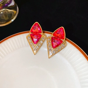 Vintage gold earrings with rhombus red gemstones and shimmering pavé zircon accents