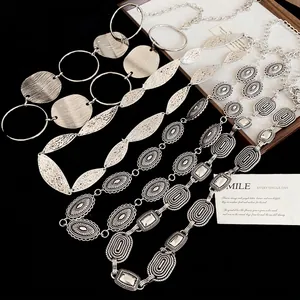 Vintage antique silver metal waist chains with bohemian oval and geometric links