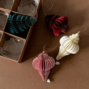 Vintage paper honeycomb Christmas tree and onion bulb ornaments set in a gift box