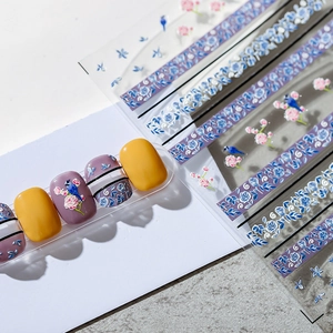 Autocollants À Ongles Embossés 5D Design Rétro Floral Oiseau Bleu Décalcomanies Auto-adhésives Décoration D'ongles DIY