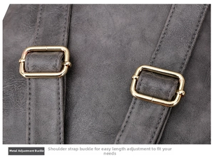 Detail view of adjustable gold metal buckles on gray leather backpack shoulder straps