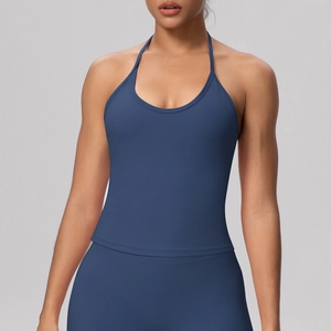 Detail of blue halter yoga bra with high elasticity fabric and cross back design