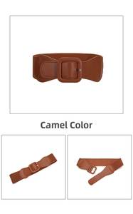 Detail view of camel woven elastic waist belt with fabric-covered square buckle closure