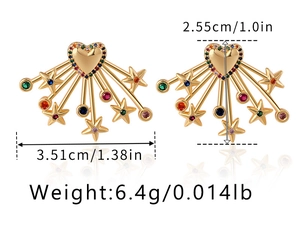 Detail shot of heart star earrings with dimensions of 2.55cm by 3.51cm and 6.4g weight
