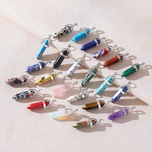 Various hexagonal natural stone bullet pendants with silver metallic bails for necklaces