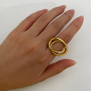 Minimalist double layer gold plated stainless steel ring shown on finger