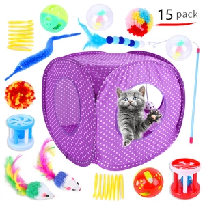 Lot de 15 jouets interactifs pour chats avec tente tunnel violette et divers plumes et balles