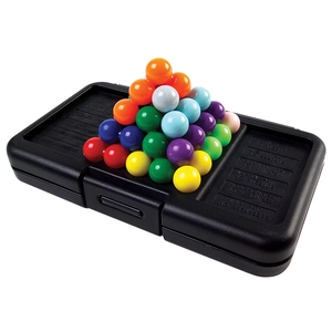 Colorful 3D pyramid puzzle brain teaser blocks in a black storage case for kids