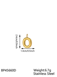 Detailed size chart of gold 14K plated bubble letter O pendant with stainless steel specs