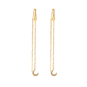 Detail view of 18K gold-plated stainless steel chain earrings with zircon moon pendants
