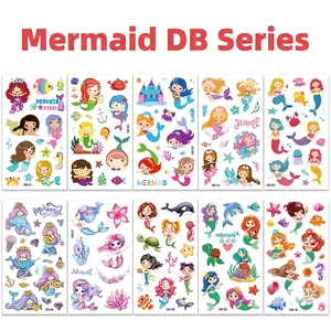 Set of 10 waterproof cartoon mermaid temporary tattoos for children with colorful sea life