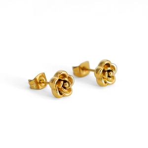 Vintage French style gold rose stud earrings with textured 3D floral metal design