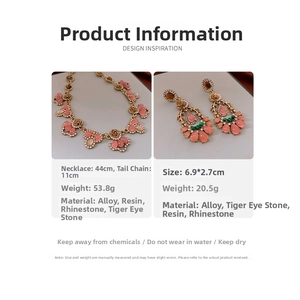 Detail view of vintage gold-tone floral necklace set with pink stones and sparkling crystals