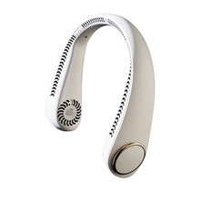 Detailed close-up of a white portable neck fan with champagne gold accents and air vents